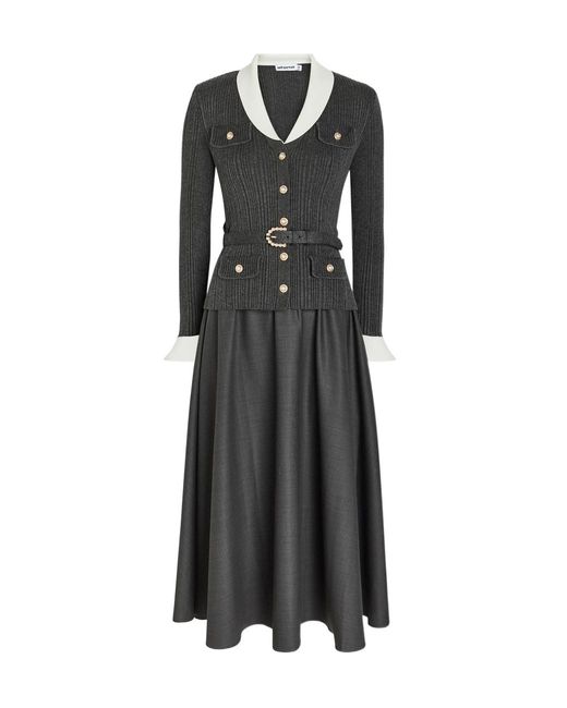 Self-Portrait Black Layered Knit And Twill Midi Dress