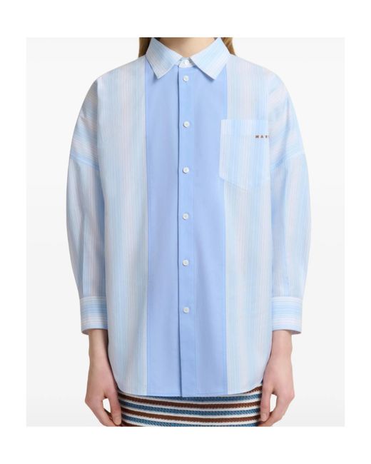 Marni Blue Striped Curved Oversized Shirt