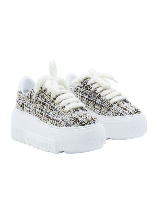 Casadei White Platform Tweed Low-Top Sneakers