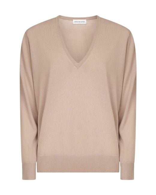 Dries Van Noten Natural Long-Sleeved V-Neck Jumper