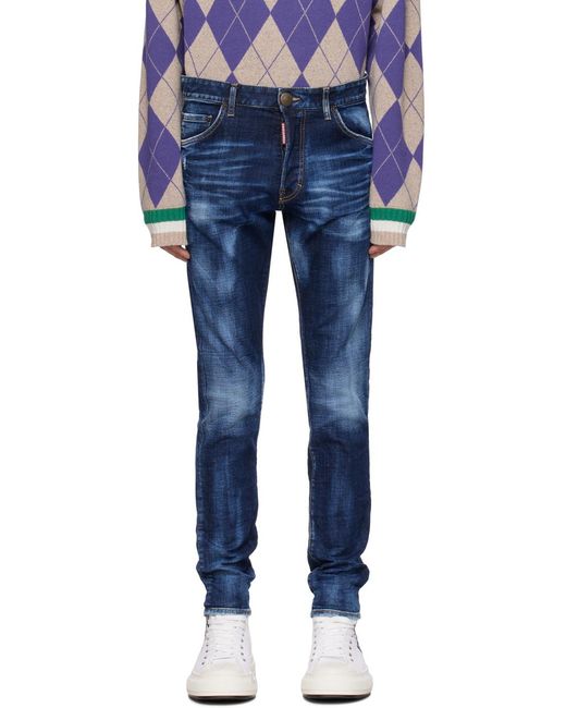 DSquared² Blue Logo Patch Distressed Slim Fit Jeans for men