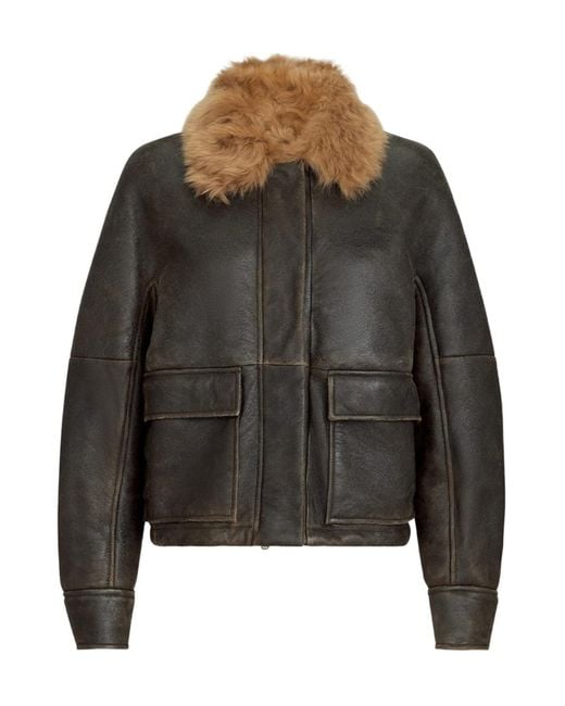 Brunello Cucinelli Gray Shearling Aviator Jacket With Monili