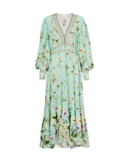 Camilla Green Floral Pattern Silk Crepe Dress