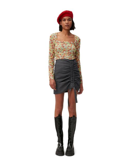 Ganni Green Floral Printed Square Neck Top