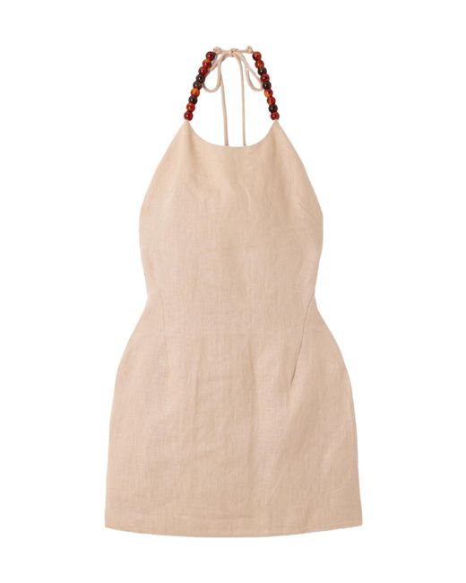 Sir Natural Moretti Bead-Embellished Linen Halterneck Mini Dress