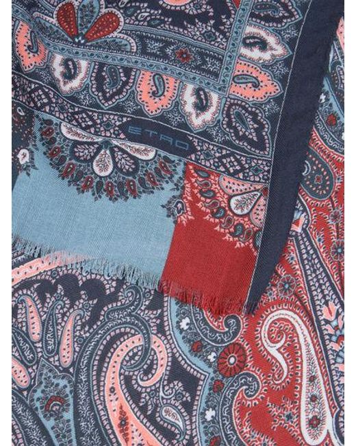 Etro Blue Printed Cashmere And Silk Scarf for men