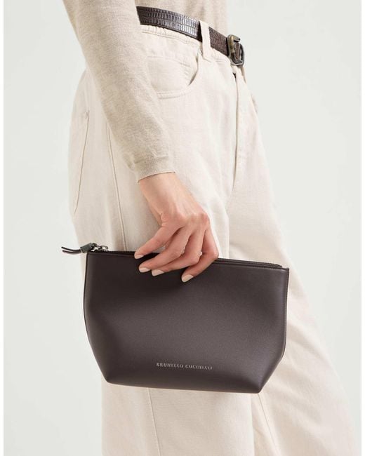 Brunello Cucinelli Gray Calfskin Pouch With Shiny Zipper Pull
