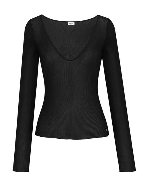 Saint Laurent Black Cassandre V-Neck Ribbed Top