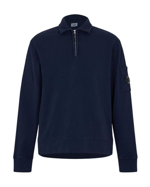 C P Company Blue Quarter Zip Fleece Sweatshirt for men