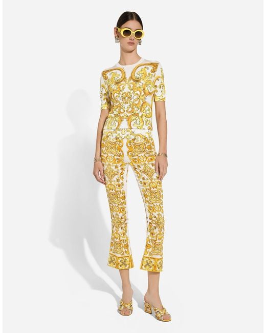 Dolce & Gabbana Metallic Majolica Trumpet-Leg Silk Pants