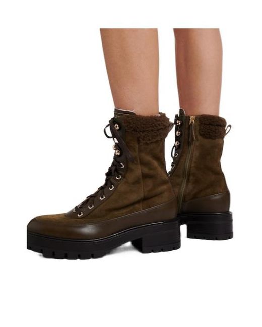 Aquazzura Brown Shearling-Trimmed Suede Lace-Up Boots