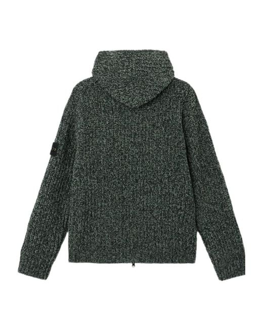 Stone Island Green Loose-Fitting Hooded Zip-Up Knit Sweater With Pockets for men