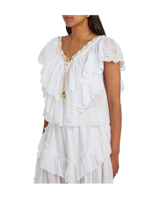 Chloé White Embroidered Ruffled Cropped Cotton Top