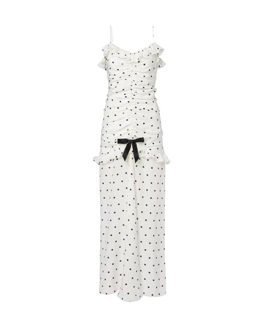 Alessandra Rich White Ruched Polka-Dot Silk Maxi Dress