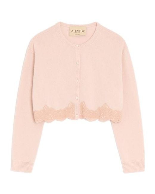 Valentino Pink Wool Cardigan With Lace