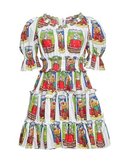 Dolce & Gabbana White Multi-Color Short Sleeve Ruched Dress