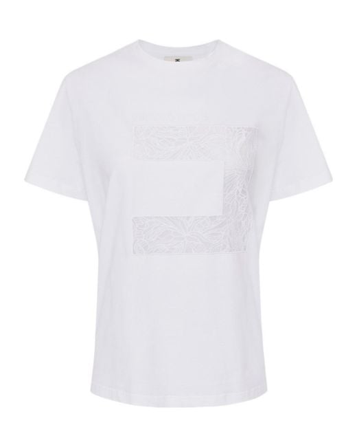 Elisabetta Franchi White Macro Logo Voile Jersey T-Shirt