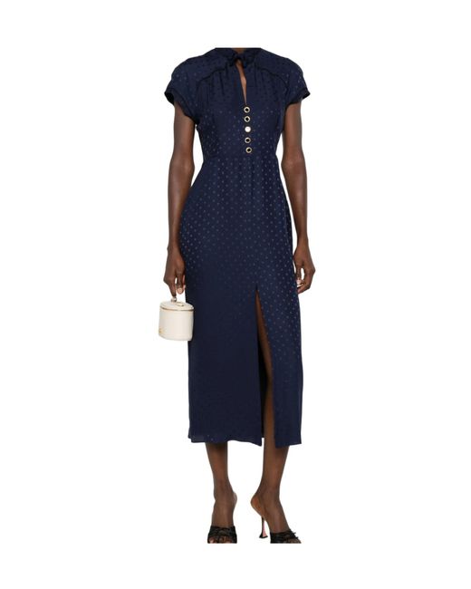 Alessandra Rich Blue Star-Print Tie-Neck Midi Dress
