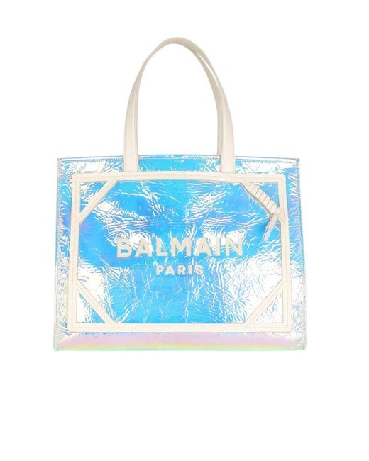 Balmain Iridescent Logo-Print Shoulder Bag in Blue | Lyst