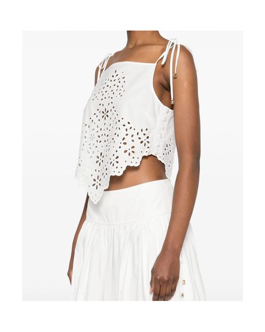 Self-Portrait White Embroidered Asymmetric Hem Top