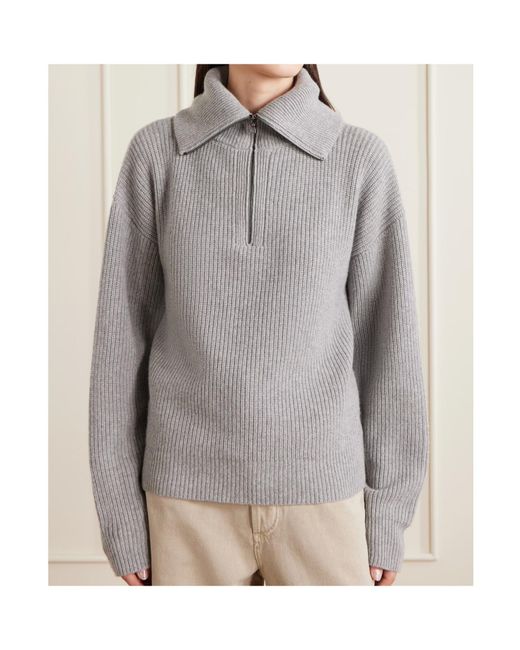 The Elder Statesman Gray Runyon Ribbed Cashmere Turtleneck Half-Zip Sweater