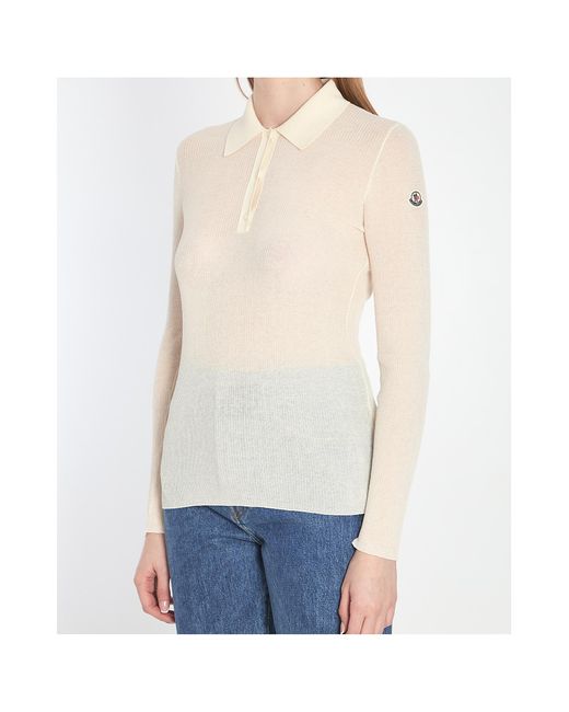 Moncler Natural Long-Sleeved Fine Ribbed Polo Top