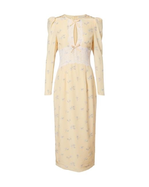 Alessandra Rich Natural Lace-Trimmed Floral Silk Midi Dress