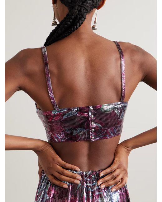 Rabanne Purple Rabanne Palm Tree-Printed Mesh Bralette Top
