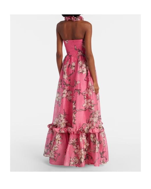 Leo Pink Isabelle Floral Ruffled Linen-Blend Gown
