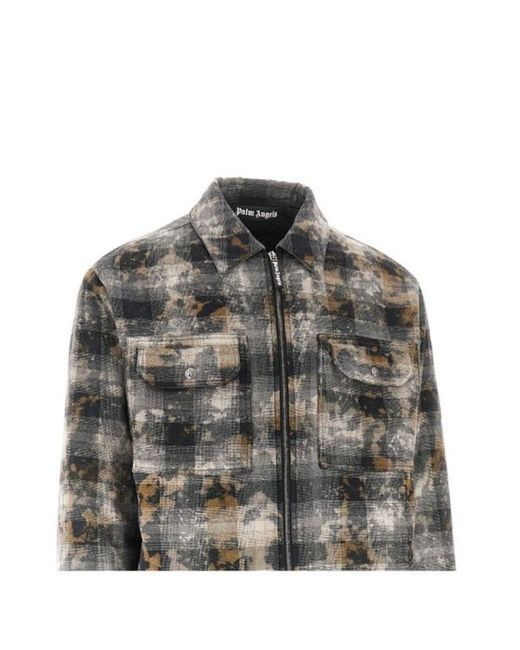 Palm Angels Gray Checked-Pattern Zip-Up Overshirt for men
