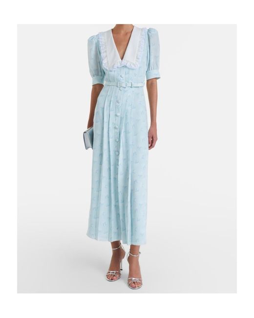 Alessandra Rich Blue Floral Pattern Silk Midi Dress