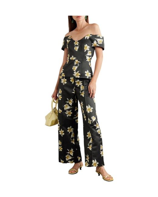 Emilia Wickstead Black Off The Shoulder Floral-Print Faille Bustier Top