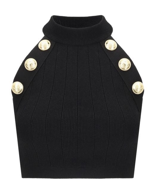 Balmain Black Halterneck Knit Cropped Top