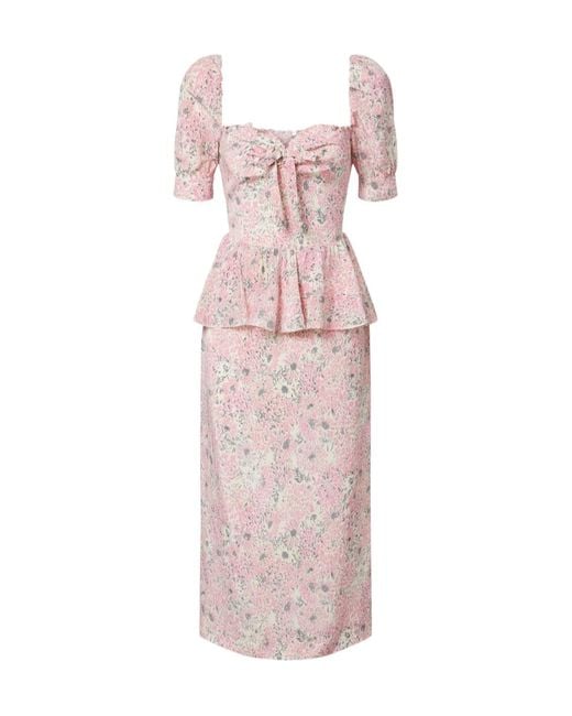 Alessandra Rich Pink Floral Peplum Silk Midi Dress