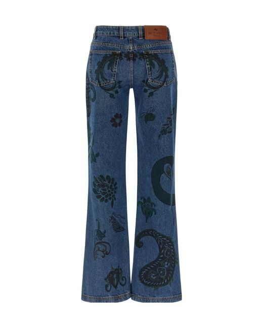 Etro Blue Flared Jeans With Flower And Bee Print