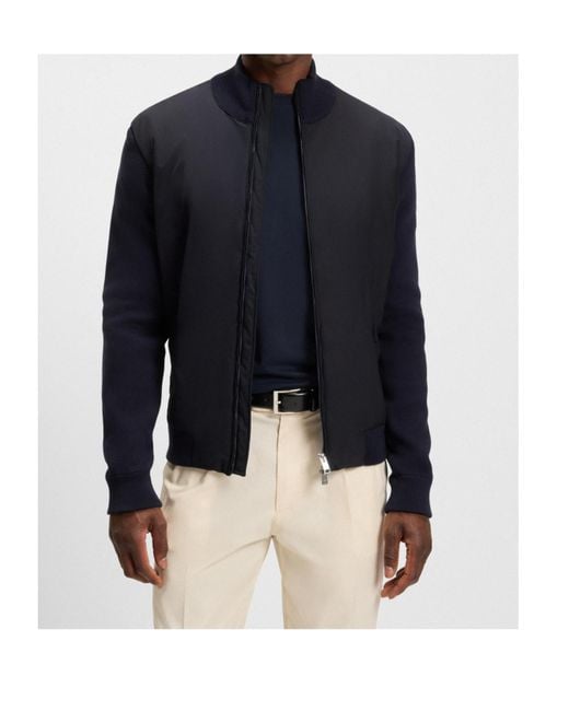 Boss Blue Zip-Front Cotton Sweater for men