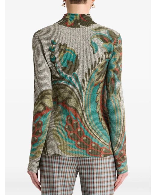 Etro Green Ribbed Wool Turtleneck Sweater With Daffodil Print