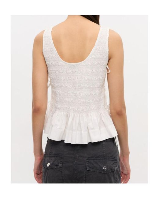 Ganni White Cotton Smock Tie Top