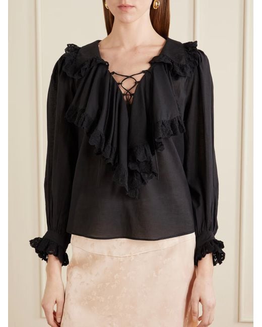 Rixo Black Milia Ruffled Lace-Trim Blouse