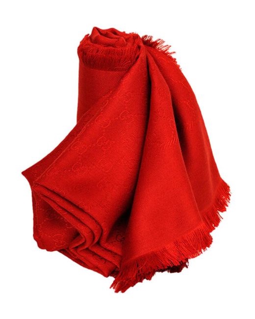 Gucci Red Silk Wool Gg Jacquard Shawl