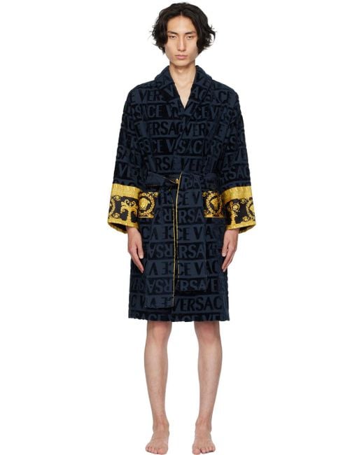 Versace Blue Barocco-Panel Logo Devoré Robe
