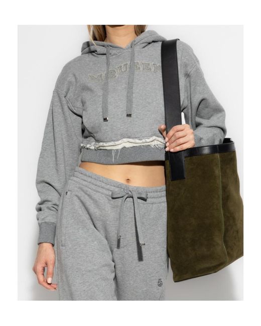 McQueen Gray Drawstring Distressed Cropped Hoodie