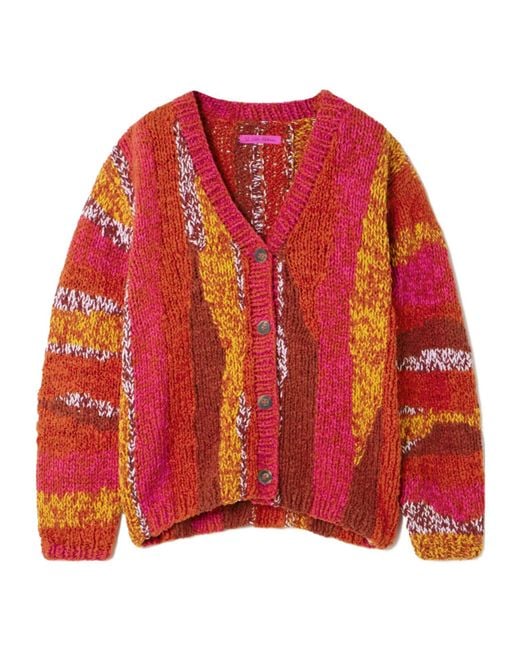 The Elder Statesman Red Striped Organic Cotton-Bouclé Cardigan