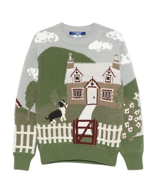 Junya Watanabe Green Embroidered-Print Crewneck Cotton Sweater for men