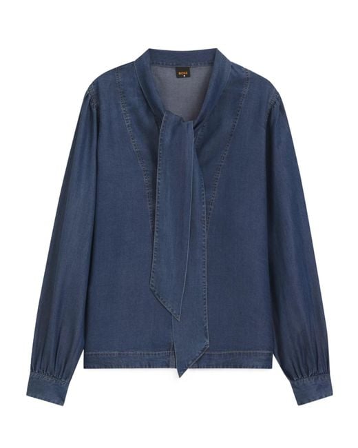 Boss Blue Denim-Look Blouse With Scarf Detail