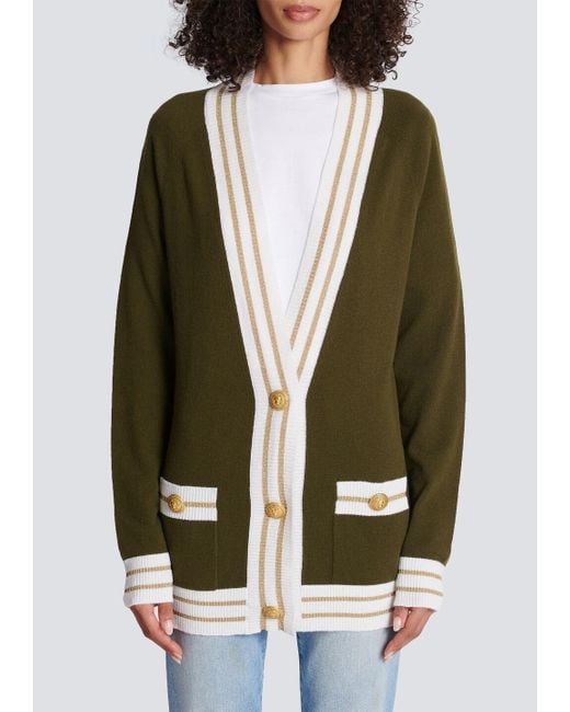 Balmain Green Wool-blend Logo Cardigan