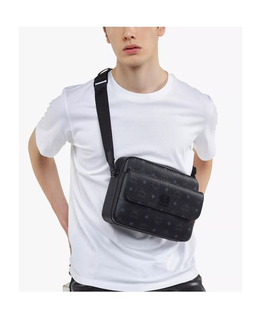 MCM Black Medium Aren Visetos Mailman Shoulder Bag for men