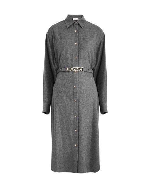 Moncler Gray Belted Wool-Blend Midi Shirt Dress
