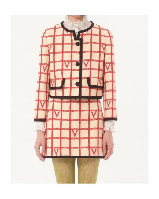 Valentino Red Grid Patterned Button-Up Jacket