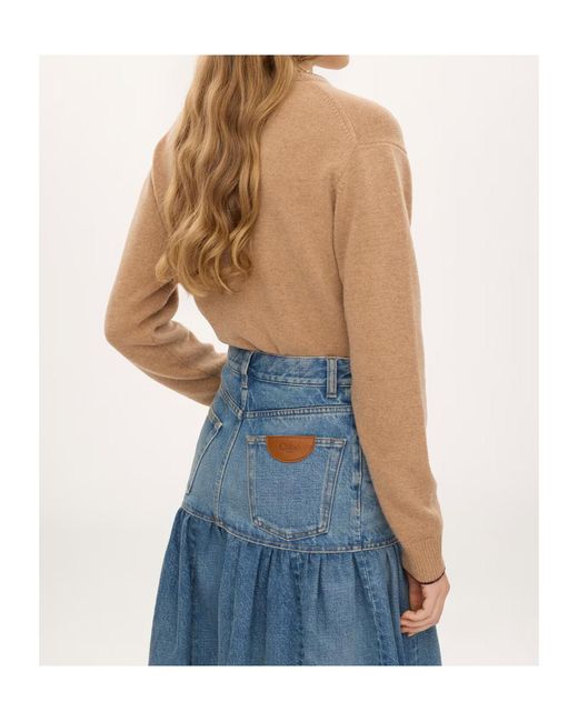 Chloé Natural Contrast-Edge Wool Crewneck Sweater With Fabric-Covered Buttons